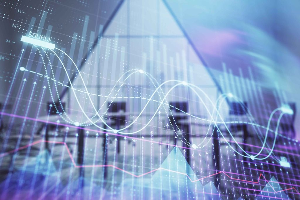 Double exposure of forex chart on conference room background. Concept of stock market analysis