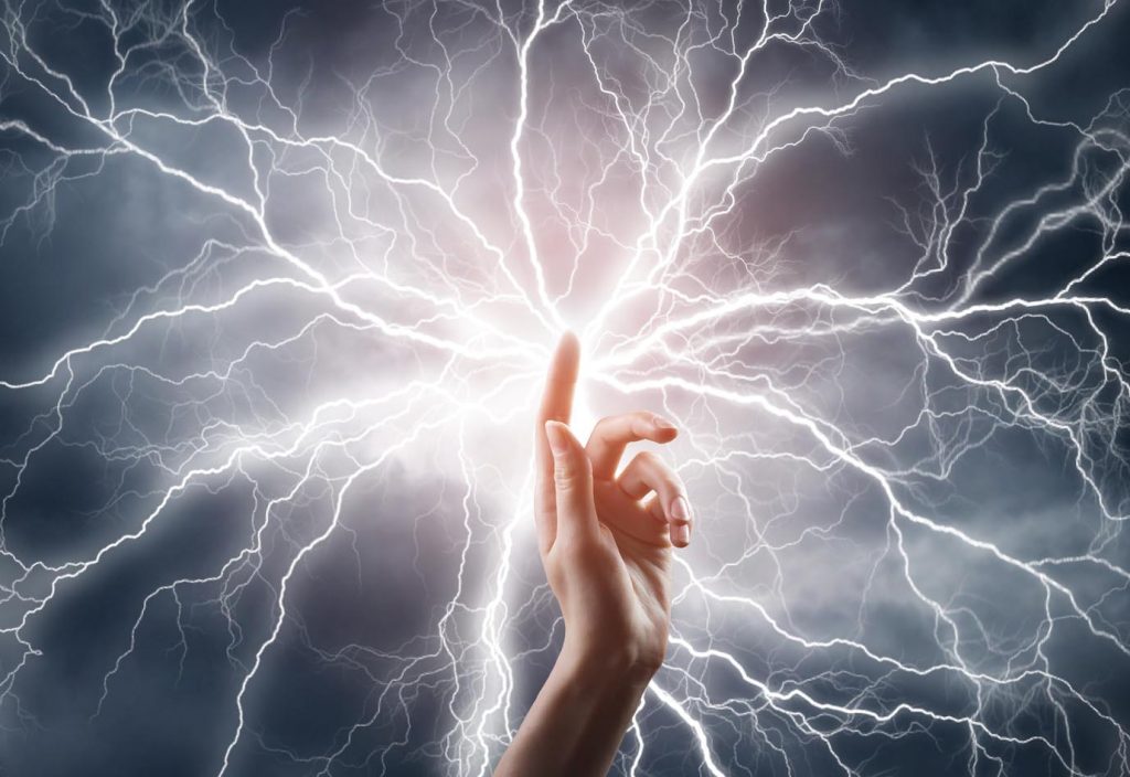 religion concept. finger touching the magic sky